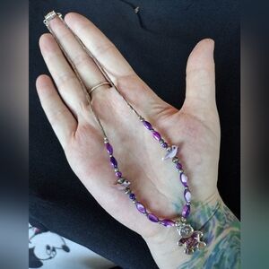 Y2K Beaded Purple Necklace with Teddy Bear Pendant